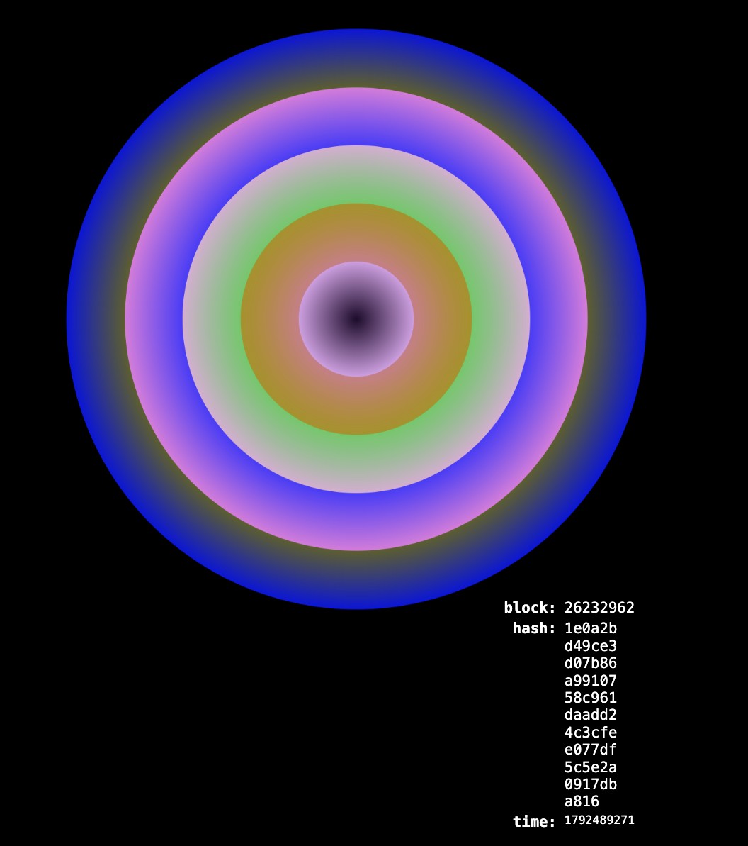 Concentric circular color gradients in blue, pink, lilac, green and ochre on black, with the block number, hash and time printed below