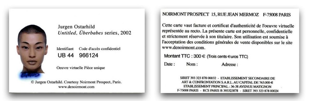 Access card for Jurgen Ostarhild, Untitled, Überbabes series, 2002, identifier UB 44: front with portrait and confidential access code, back with certificate text and price of 300 euros
