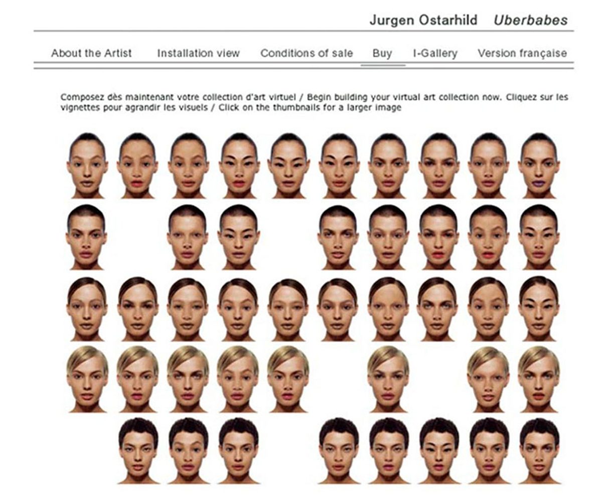 Screenshot of the Überbabes buying page on the Noirmont Prospect website, 2002, with About the Artist, Installation view, Conditions of sale, Buy and I-Gallery menu