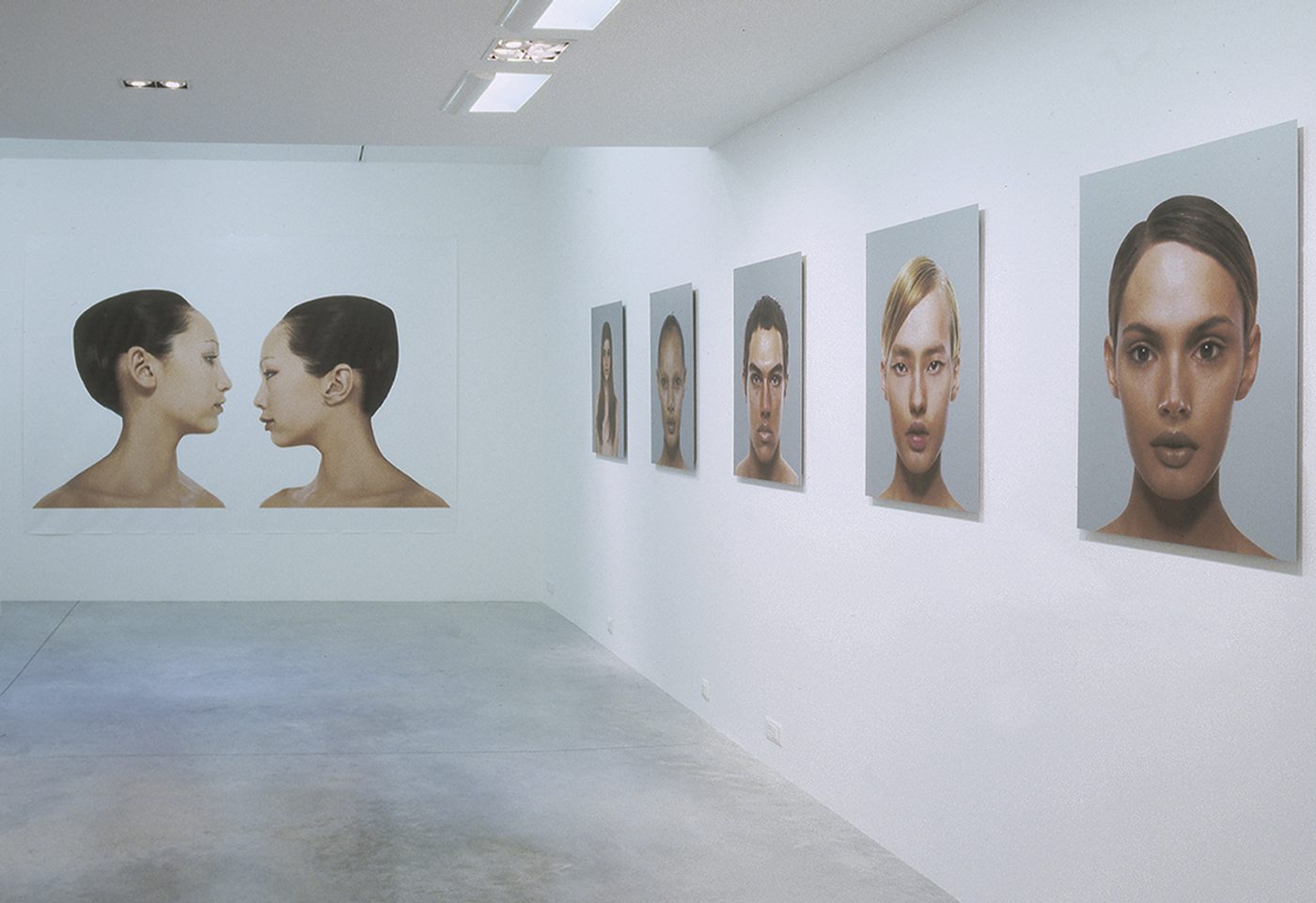 Installation view, Überbabes, Noirmont Prospect, Paris, 2002: silkscreens on aluminium and large double profile print